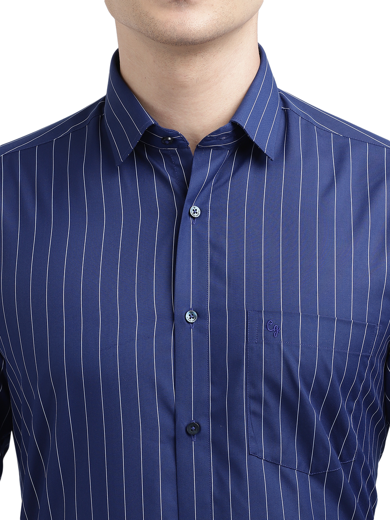 Model wearing Clarke Gable's Navy Blue Striped Formal Shirt in a casual setting