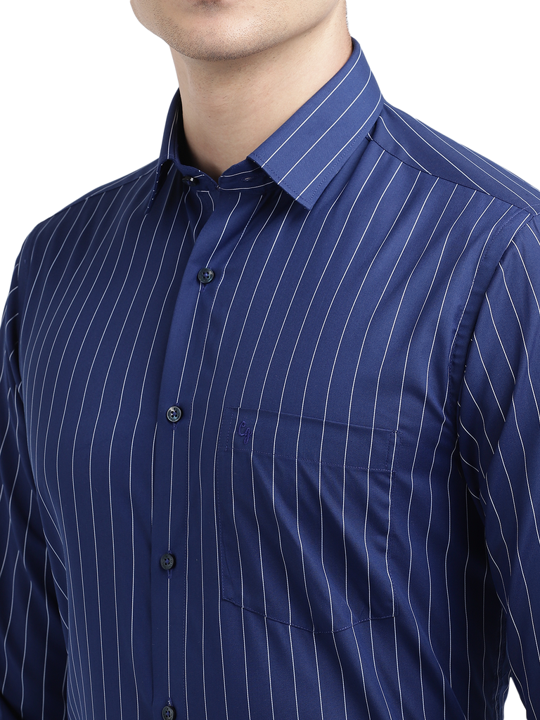 Model wearing Clarke Gable's Navy Blue Striped Formal Shirt in a casual setting