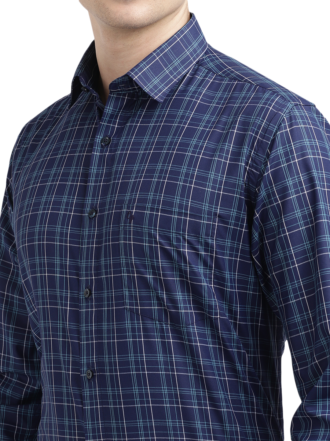 Model wearing Clarke Gable's Navy Blue With Light Blue Checked Formal Shirt in a casual setting