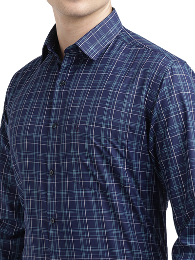 Model wearing Clarke Gable's Navy Blue With Light Blue Checked Formal Shirt in a casual setting
