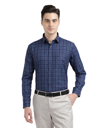 Model wearing Clarke Gable's Navy Blue With Light Blue Checked Formal Shirt in a casual setting
