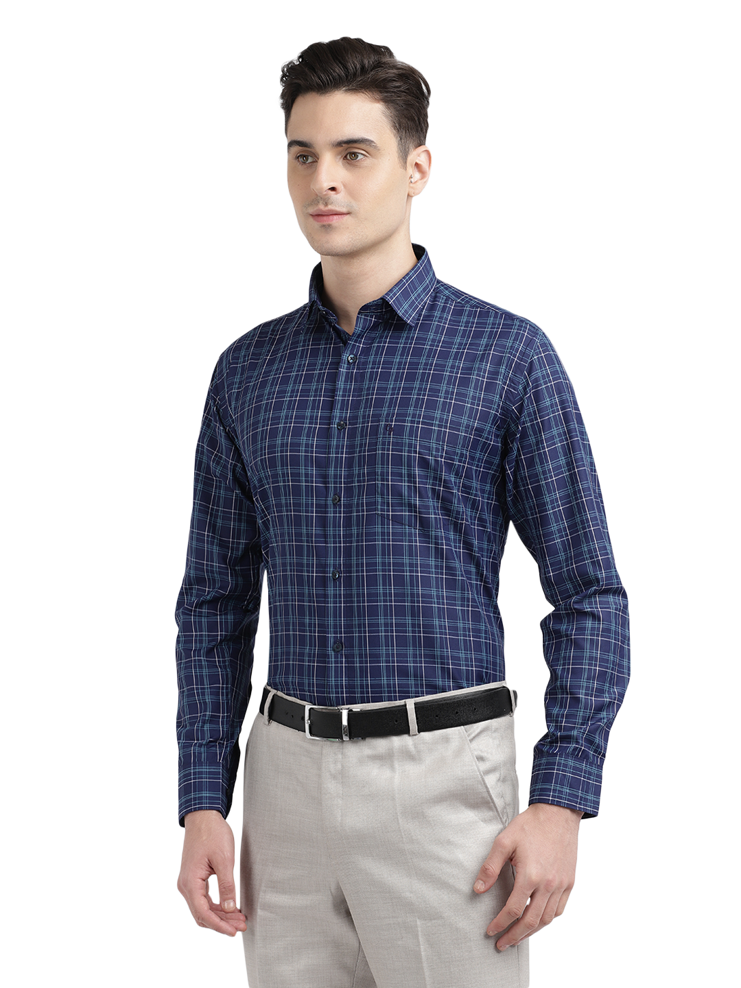 Model wearing Clarke Gable's Navy Blue With Light Blue Checked Formal Shirt in a casual setting
