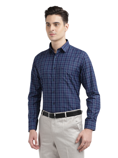 Model wearing Clarke Gable's Navy Blue With Light Blue Checked Formal Shirt in a casual setting