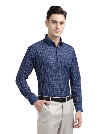 Model wearing Clarke Gable's Navy Blue With Light Blue Checked Formal Shirt in a casual setting