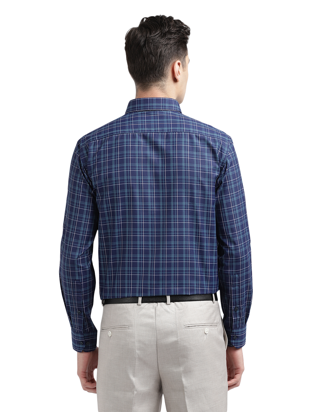 Model wearing Clarke Gable's Navy Blue With Light Blue Checked Formal Shirt in a casual setting