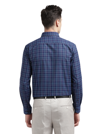 Model wearing Clarke Gable's Navy Blue With Light Blue Checked Formal Shirt in a casual setting