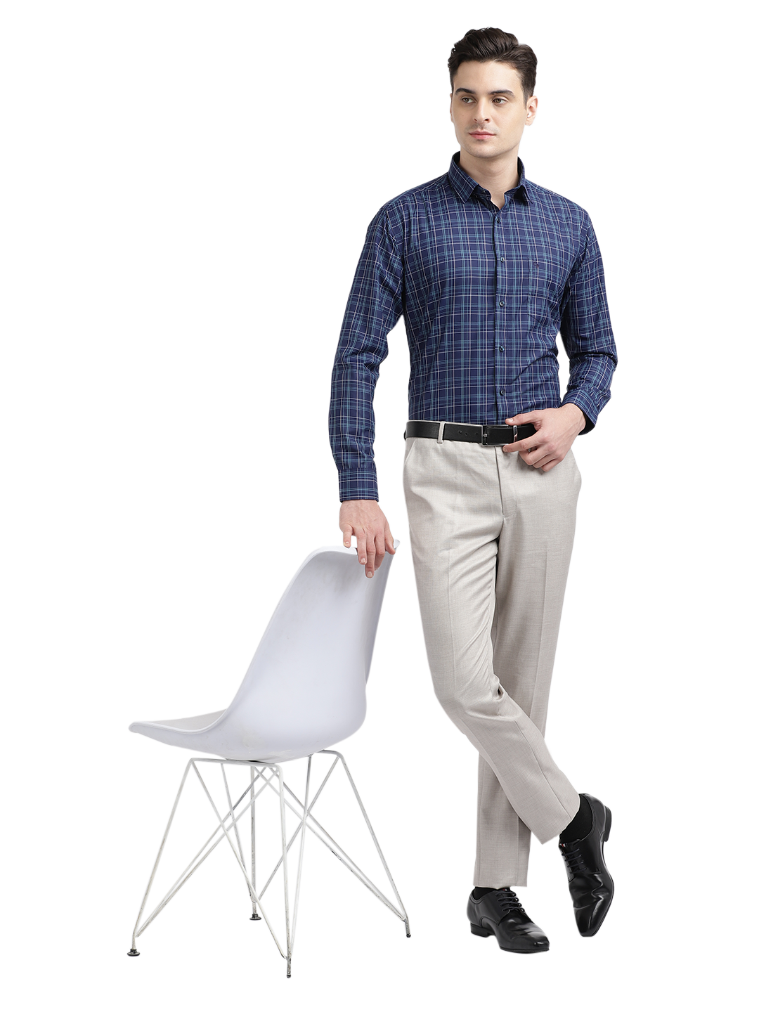 Model wearing Clarke Gable's Navy Blue With Light Blue Checked Formal Shirt in a casual setting