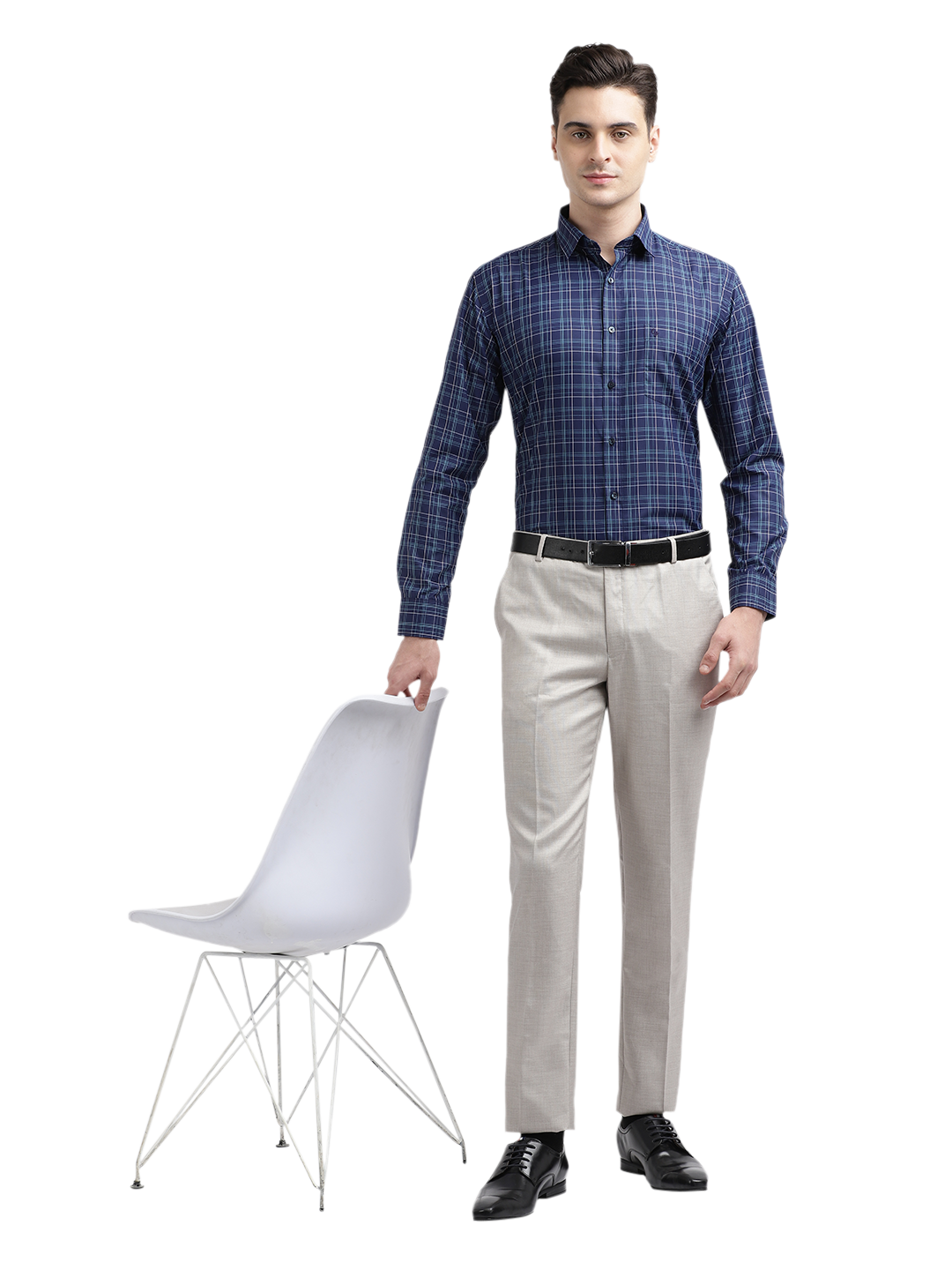 Model wearing Clarke Gable's Navy Blue With Light Blue Checked Formal Shirt in a casual setting