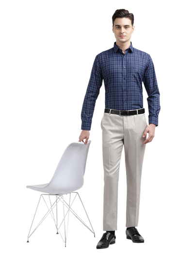 Model wearing Clarke Gable's Navy Blue With Light Blue Checked Formal Shirt in a casual setting