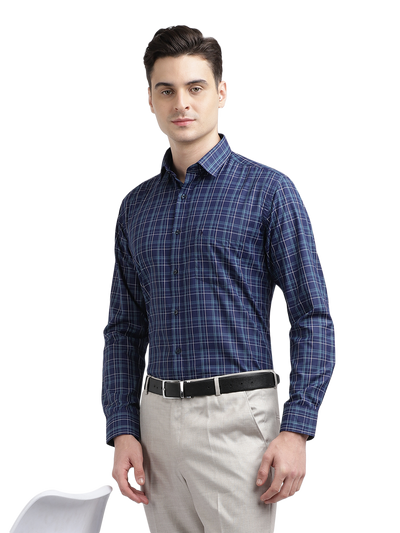 Model wearing Clarke Gable's Navy Blue With Light Blue Checked Formal Shirt in a casual setting