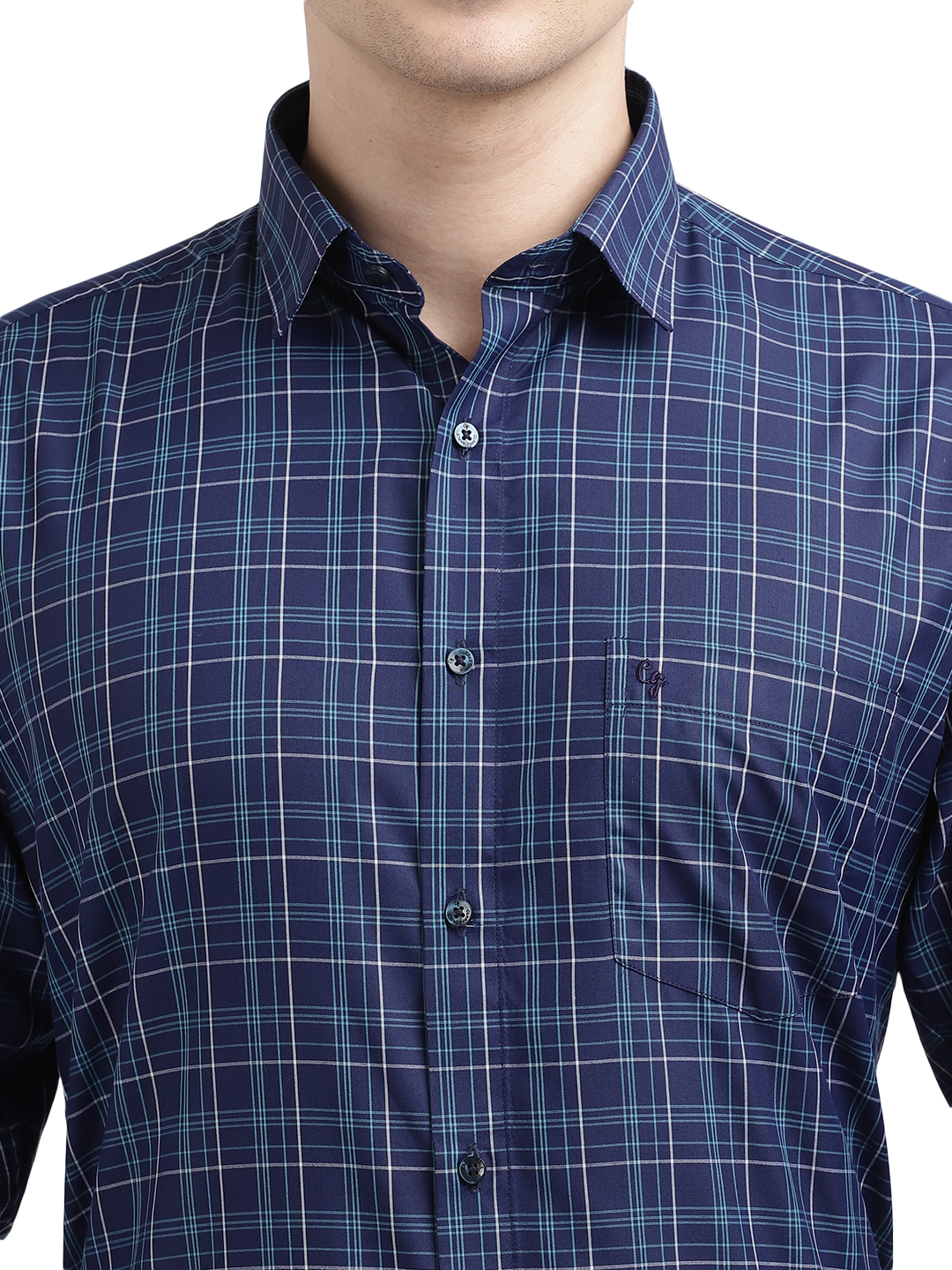 Model wearing Clarke Gable's Navy Blue With Light Blue Checked Formal Shirt in a casual setting