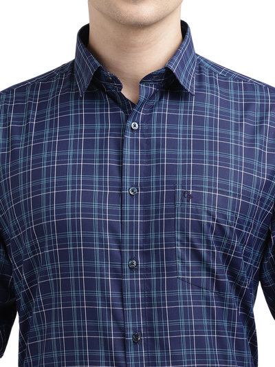 Model wearing Clarke Gable's Navy Blue With Light Blue Checked Formal Shirt in a casual setting