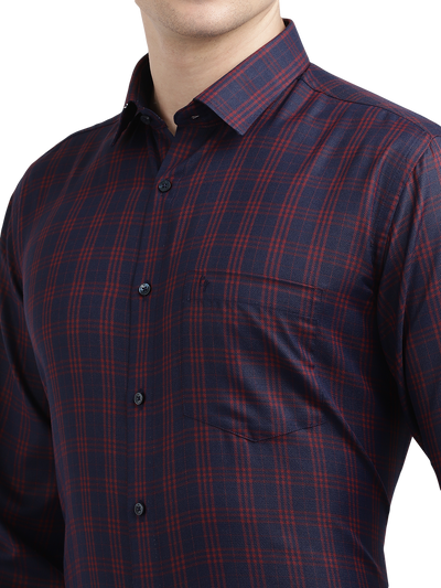 Model wearing Clarke Gable's Navy Blue With Red Checked Formal Shirt in a casual setting