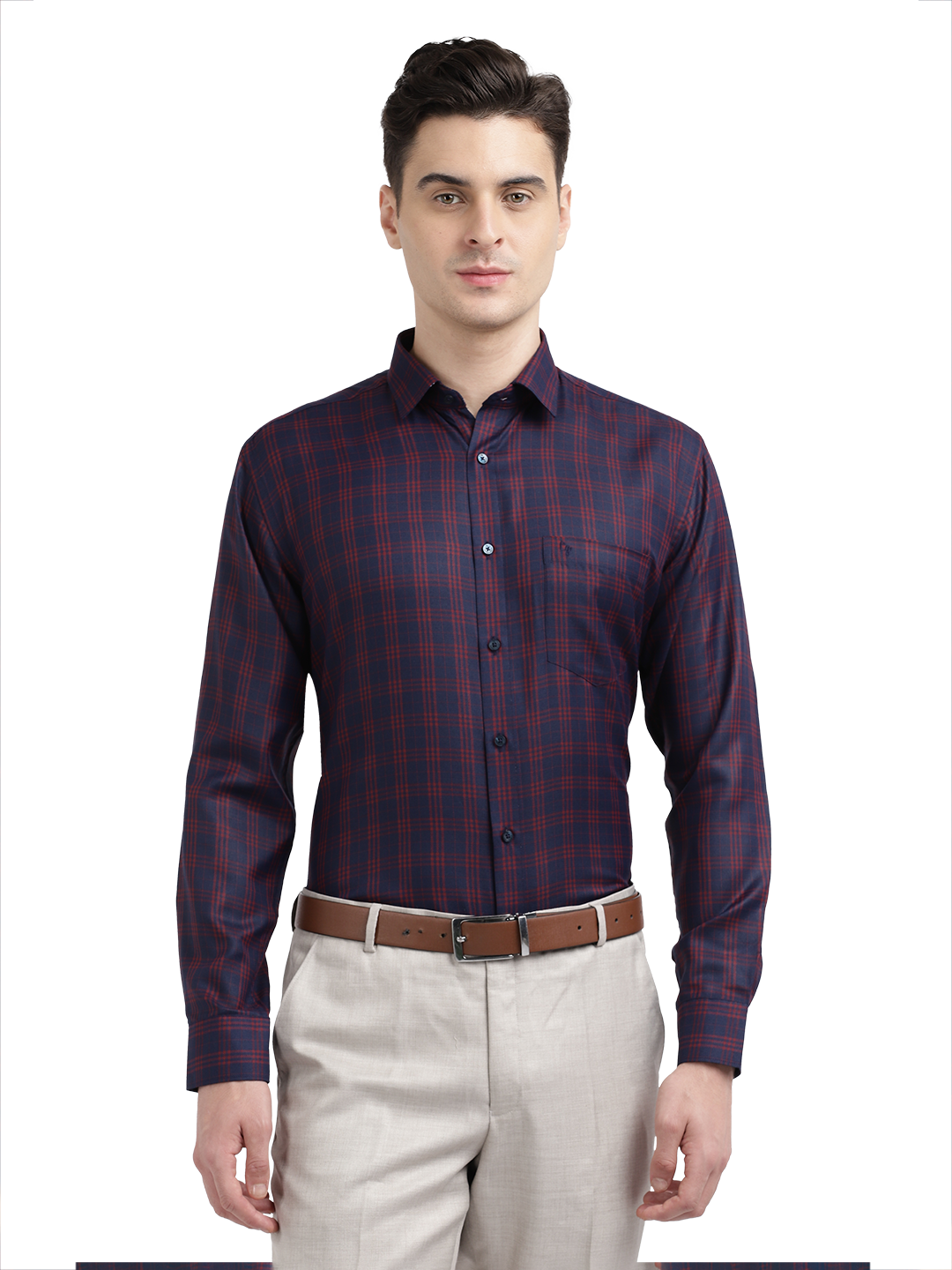 Model wearing Clarke Gable's Navy Blue With Red Checked Formal Shirt in a casual setting
