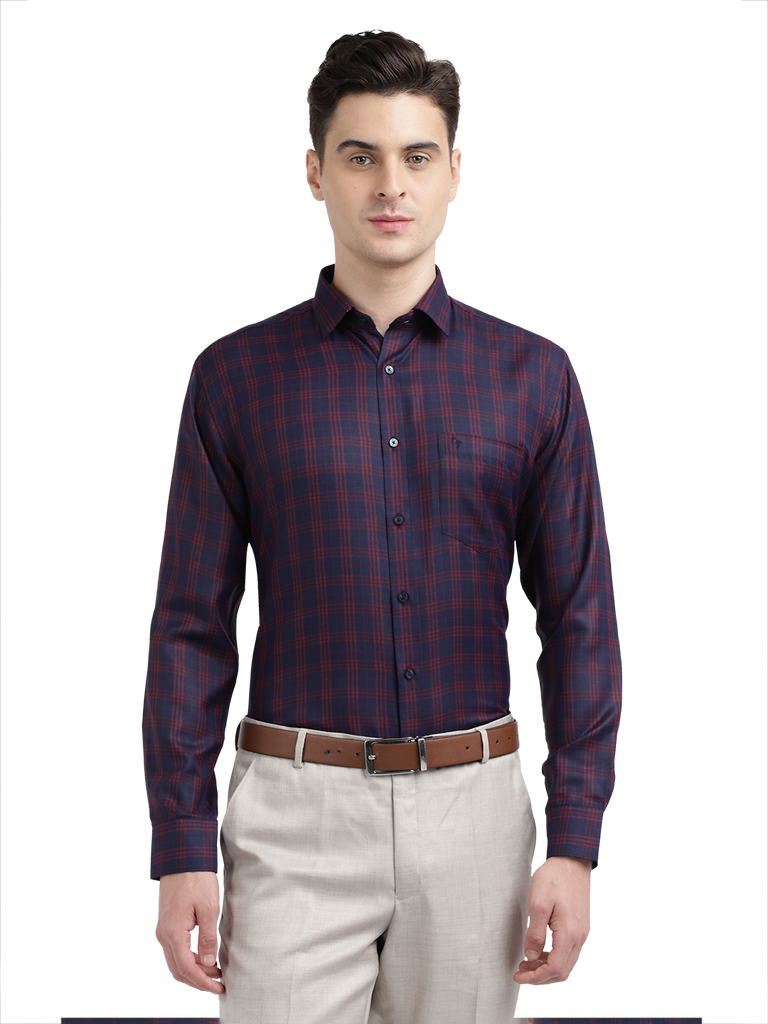 Model wearing Clarke Gable's Navy Blue With Red Checked Formal Shirt in a casual setting