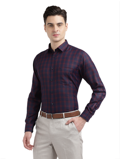 Model wearing Clarke Gable's Navy Blue With Red Checked Formal Shirt in a casual setting