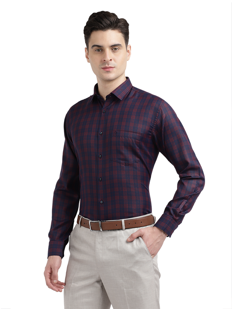 Model wearing Clarke Gable's Navy Blue With Red Checked Formal Shirt in a casual setting