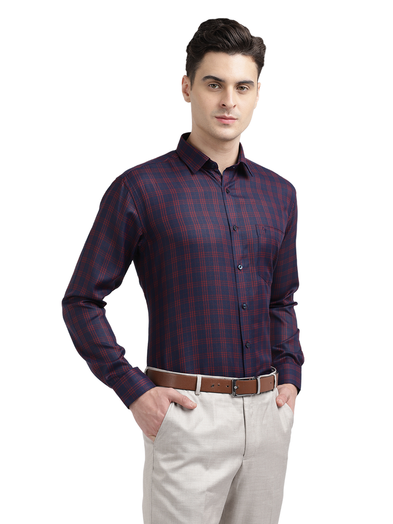 Model wearing Clarke Gable's Navy Blue With Red Checked Formal Shirt in a casual setting