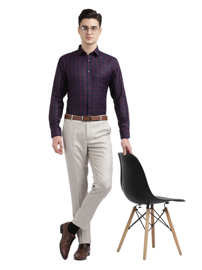 Model wearing Clarke Gable's Navy Blue With Red Checked Formal Shirt in a casual setting