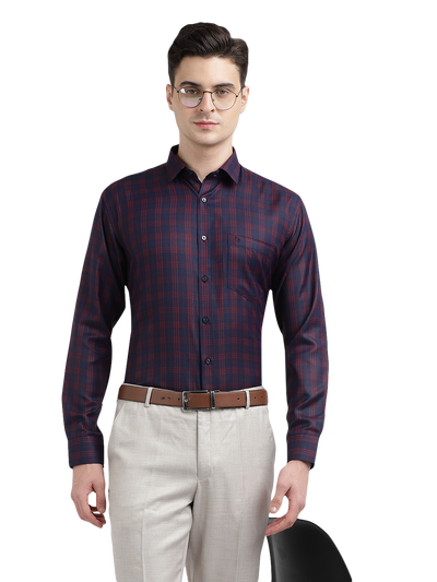 Model wearing Clarke Gable's Navy Blue With Red Checked Formal Shirt in a casual setting