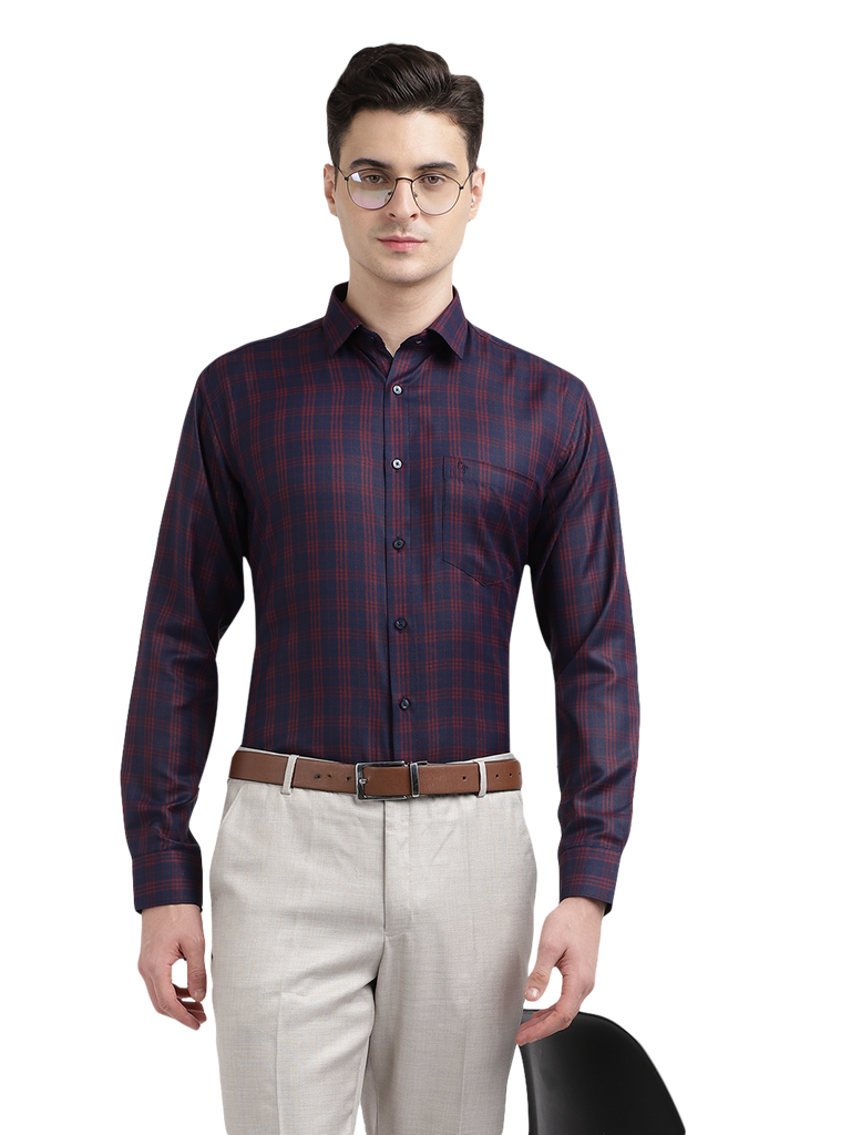 Model wearing Clarke Gable's Navy Blue With Red Checked Formal Shirt in a casual setting