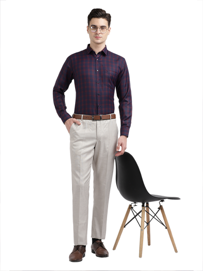 Model wearing Clarke Gable's Navy Blue With Red Checked Formal Shirt in a casual setting