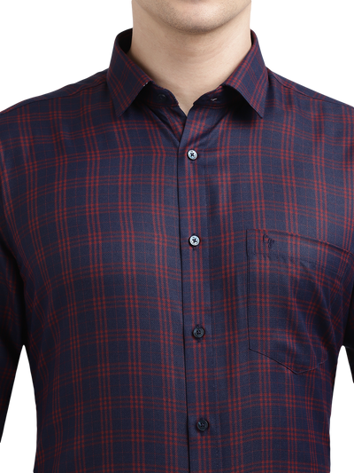 Model wearing Clarke Gable's Navy Blue With Red Checked Formal Shirt in a casual setting
