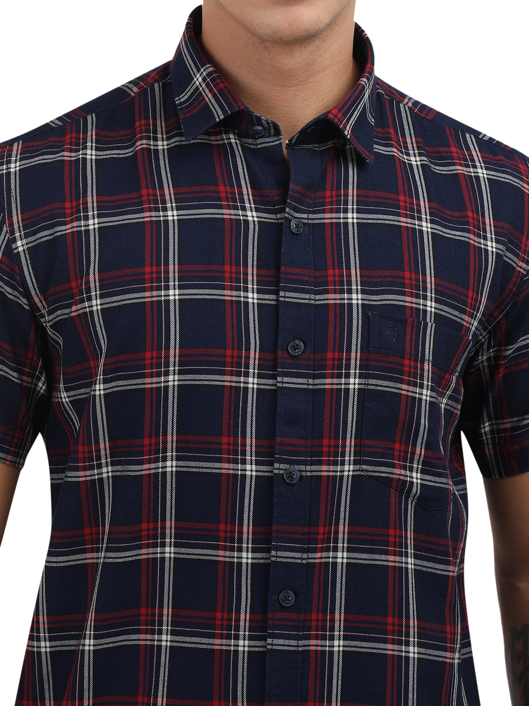 Model wearing Clarke Gable's Navy Blue With Red Checked Semi Casual Shirt in a casual setting