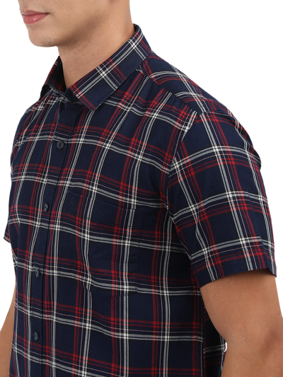 Model wearing Clarke Gable's Navy Blue With Red Checked Semi Casual Shirt in a casual setting