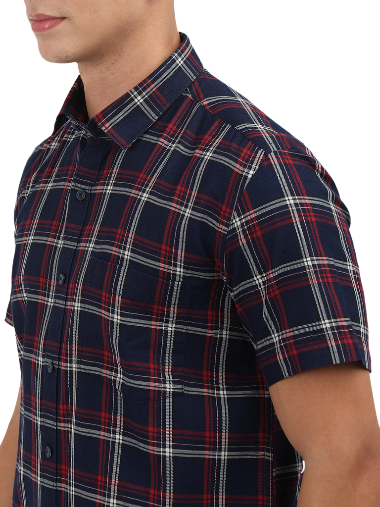 Model wearing Clarke Gable's Navy Blue With Red Checked Semi Casual Shirt in a casual setting