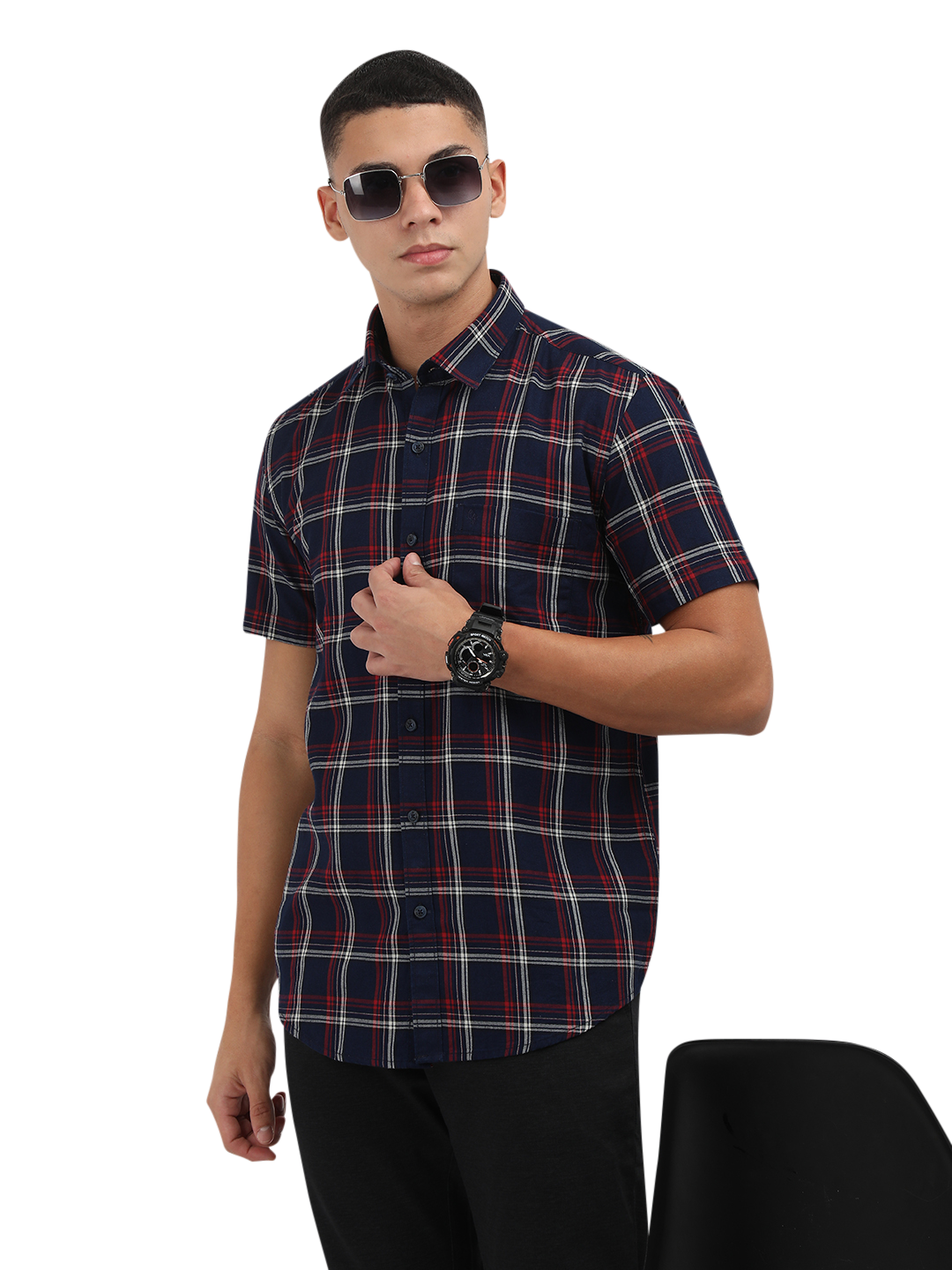 Model wearing Clarke Gable's Navy Blue With Red Checked Semi Casual Shirt in a casual setting