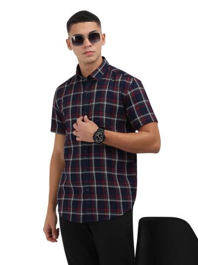 Model wearing Clarke Gable's Navy Blue With Red Checked Semi Casual Shirt in a casual setting
