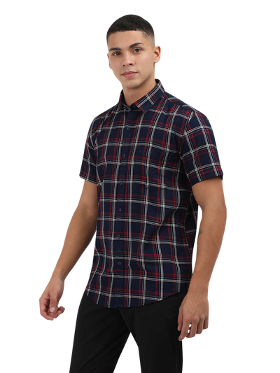 Model wearing Clarke Gable's Navy Blue With Red Checked Semi Casual Shirt in a casual setting