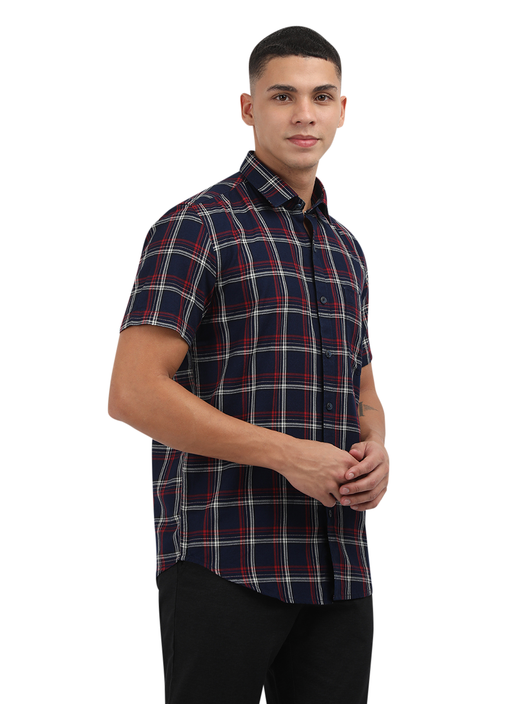 Model wearing Clarke Gable's Navy Blue With Red Checked Semi Casual Shirt in a casual setting