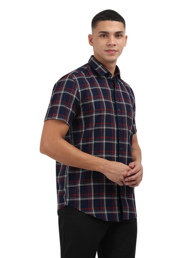Model wearing Clarke Gable's Navy Blue With Red Checked Semi Casual Shirt in a casual setting
