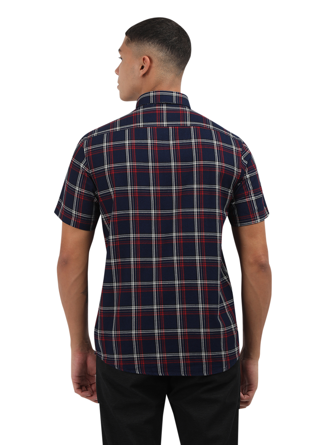 Model wearing Clarke Gable's Navy Blue With Red Checked Semi Casual Shirt in a casual setting