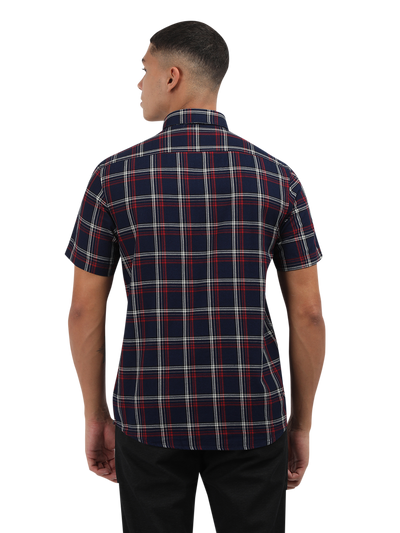 Model wearing Clarke Gable's Navy Blue With Red Checked Semi Casual Shirt in a casual setting