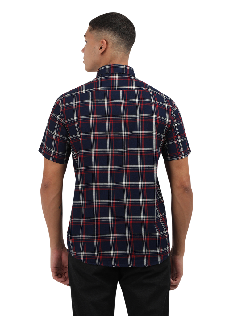 Model wearing Clarke Gable's Navy Blue With Red Checked Semi Casual Shirt in a casual setting