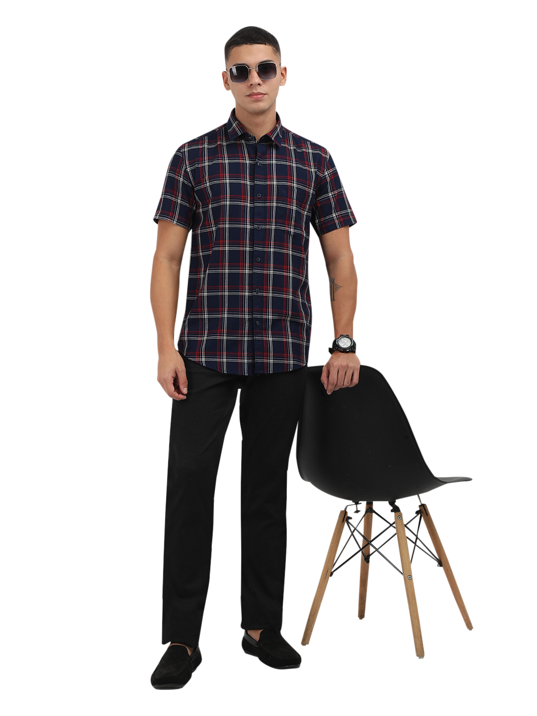 Model wearing Clarke Gable's Navy Blue With Red Checked Semi Casual Shirt in a casual setting