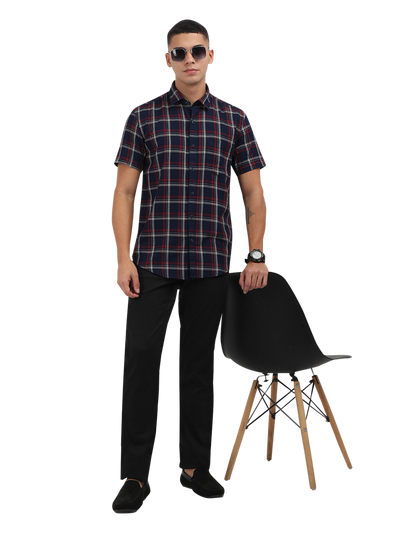 Model wearing Clarke Gable's Navy Blue With Red Checked Semi Casual Shirt in a casual setting