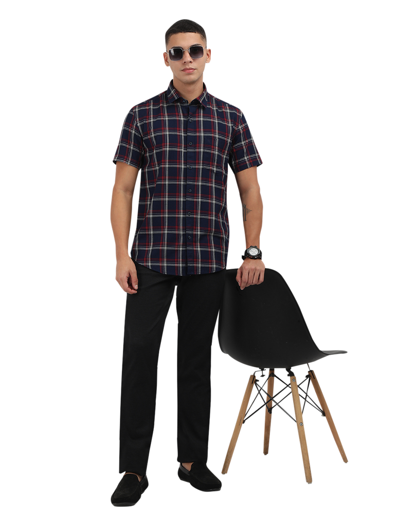 Model wearing Clarke Gable's Navy Blue With Red Checked Semi Casual Shirt in a casual setting