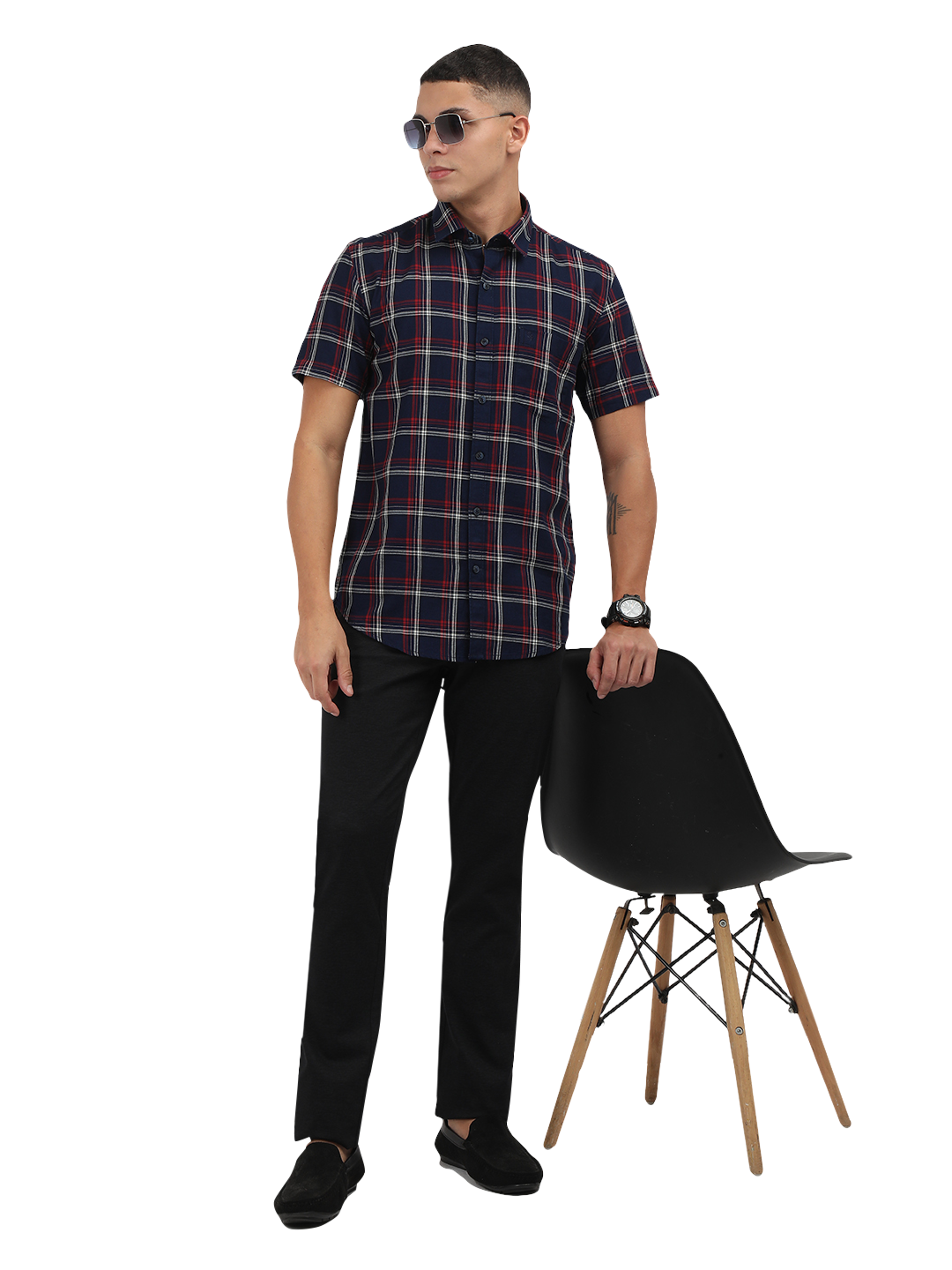 Model wearing Clarke Gable's Navy Blue With Red Checked Semi Casual Shirt in a casual setting