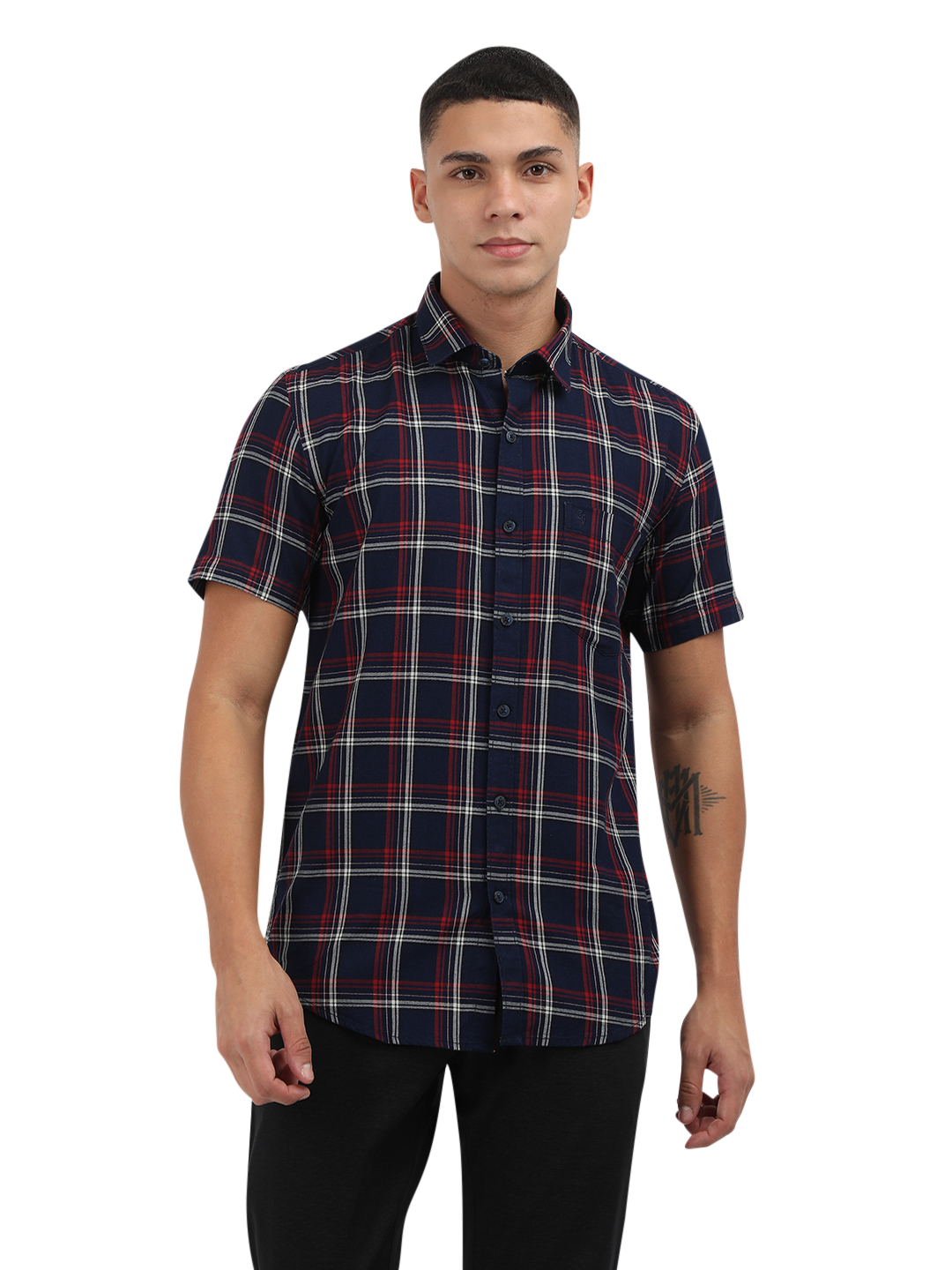Model wearing Clarke Gable's Navy Blue With Red Checked Semi Casual Shirt in a casual setting