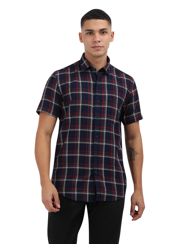 Model wearing Clarke Gable's Navy Blue With Red Checked Semi Casual Shirt in a casual setting