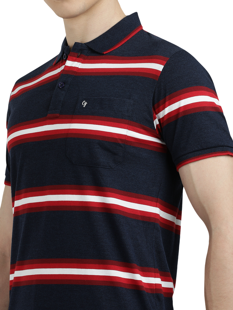 Model wearing Clarke Gable's Navy Blue With Red Striped Polo Collar T-Shirt in a casual setting