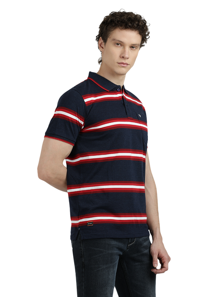 Model wearing Clarke Gable's Navy Blue With Red Striped Polo Collar T-Shirt in a casual setting