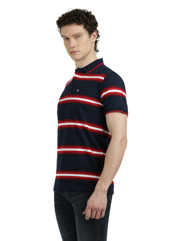 Model wearing Clarke Gable's Navy Blue With Red Striped Polo Collar T-Shirt in a casual setting