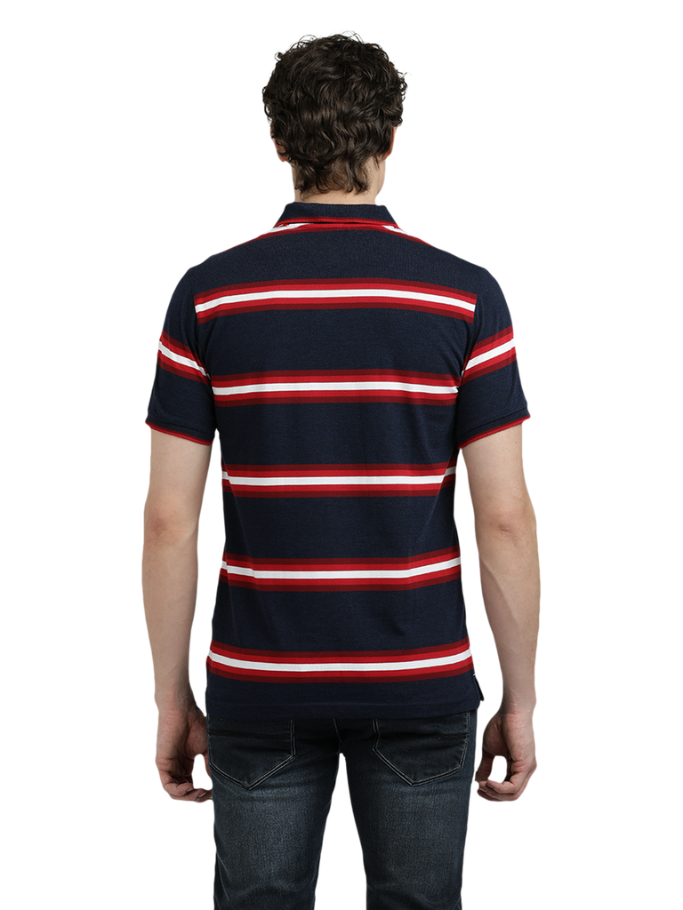 Model wearing Clarke Gable's Navy Blue With Red Striped Polo Collar T-Shirt in a casual setting