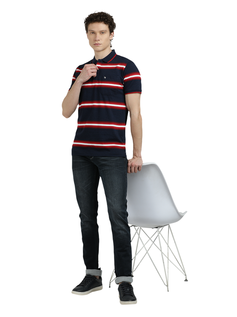 Model wearing Clarke Gable's Navy Blue With Red Striped Polo Collar T-Shirt in a casual setting