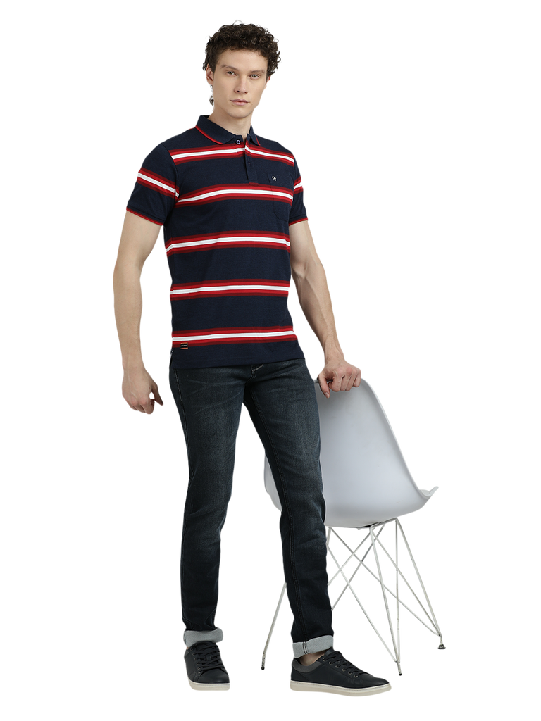 Model wearing Clarke Gable's Navy Blue With Red Striped Polo Collar T-Shirt in a casual setting